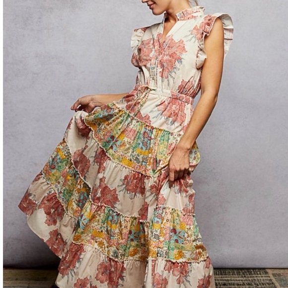Pol Ruffle Tiered Floral Boho Maxi DRESS WOMEN’s size medium mix prints NEW - Picture 3 of 10